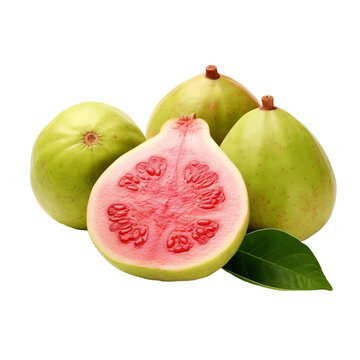 Succulent full guava fruit displayed in crisp detail, vivid green skin and pink flesh, isolated on a transparent background for versatile use.