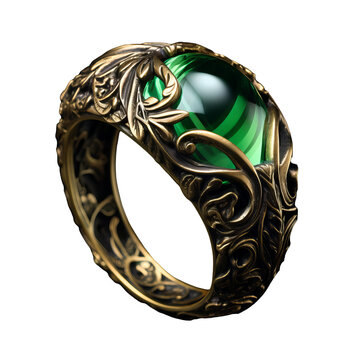 Beautifully decorated green fantasy ring displayed vividly on a transparent background.