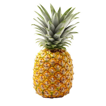 A complete pineapple with a visible crown and skin, displayed in its entirety against a clear, transparent backdrop.
