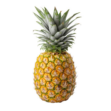 Pineapple with its full body, detailed texture, and green leaves depicted isolated on a transparent background.