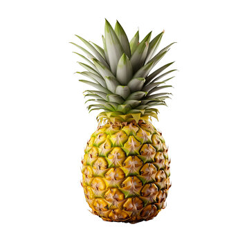 Pineapple with detailed texture and vibrant color, fully intact and visible from all angles, set against a clear transparent backdrop.