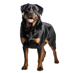 Full-bodied Rottweiler stands alert, showcasing its strong physique and black and tan markings, rendered against a seamless transparent backdrop.