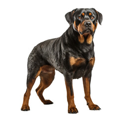 Obraz premium Rottweiler dog stands in full profile, showcasing its muscular build and black-and-tan coat on a transparent background, poised and dignified.