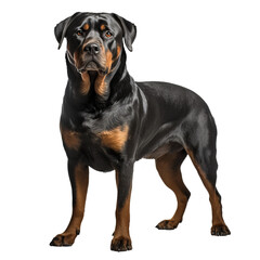 Fototapeta premium Rottweiler, muscular and alert, stands in full body view against a transparent backdrop, showcasing its glossy black and tan coat.