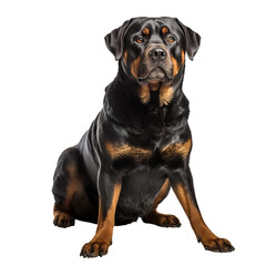 A full-body image of a Rottweiler dog with a glossy coat, standing alert on a transparent background, showcasing its robust physique.
