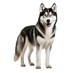 Naklejka na ściany i meble Siberian Husky with striking coat and blue eyes stands alert, showcasing full body against a transparent backdrop, ready for design use.