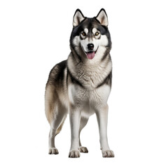Naklejka na ściany i meble Full-body Siberian Husky dog with piercing eyes and a thick coat stands alert on a transparent background, showcasing its majestic posture.