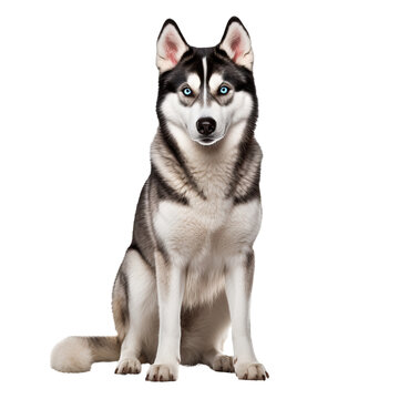 Siberian husky with a thick fur coat and piercing eyes, showcasing its full body, stands alert on a transparent backdrop.