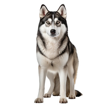 Siberian Husky with striking blue eyes, thick fur coat, and alert ears stands in full view against a clear backdrop.