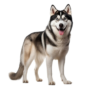 Full-body Siberian Husky dog standing, with a thick furry coat, piercing blue eyes, and erect ears on a transparent background.