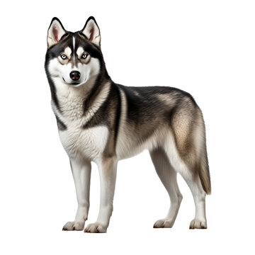 Siberian husky, with distinctive fur pattern and icy blue eyes, stands in full profile against a clear, transparent backdrop.
