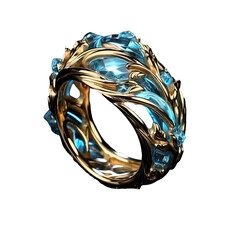 A mesmerizing water fantasy ring, ornately decorated and stunning, floats elegantly on a transparent backdrop.
