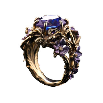 A violet fantasy ring, beautifully decorated, floats on a transparent background, its intricate designs sparking imagination.