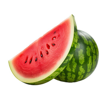 Whole watermelon with a green striped rind and red interior visible, on a clear background.