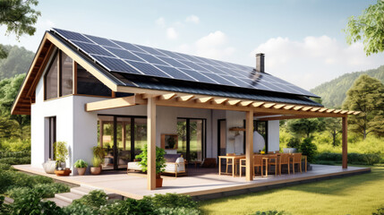 A solar-powered home with a backyard pergola and seating area - obrazy, fototapety, plakaty