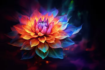 Poster Colorful flower in neon colors on black background. Abstract multicolor floral backdrop with copy space. Magic fantasy flower  © ratatosk