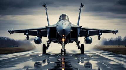 Front view of a military jet fighter taking off from - Powered by Adobe