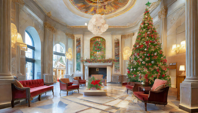 Interior of a hotel lobby with decorated Christmas tree
