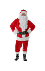 Man in Santa Claus costume posing on white background