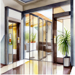 Hotel entrance interior, glass automatic sliding doors