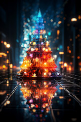 Futuristic holographic Christmas tree illuminated with colorful magical lights. Neon glowing blurred background