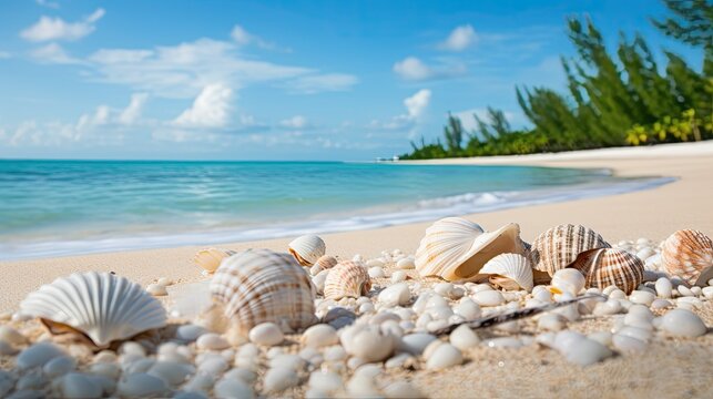 Low angle view of seashells on Caribbean sea sand beach