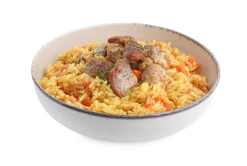 Delicious pilaf with meat isolated on white