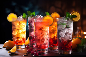 Elegant glasses brimming with sparkling mocktails, featuring a mix of fresh fruits, flavored syrups, and fizzy soda water, garnished with citrus twists, realistic photo. Ai Generated.NO.04 - obrazy, fototapety, plakaty