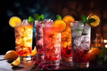 Foto op Plexiglas Elegant glasses brimming with sparkling mocktails, featuring a mix of fresh fruits, flavored syrups, and fizzy soda water, garnished with citrus twists, realistic photo. Ai Generated.NO.04 © ZWDQ