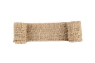 Unrolled burlap ribbon isolated on white, top view