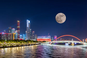 Moon rising over the Pearl River New Town, Guangzhou, China