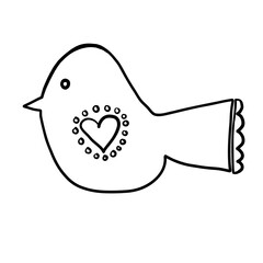 A cutie little folk bird with love heart doodling in black ink isolated 