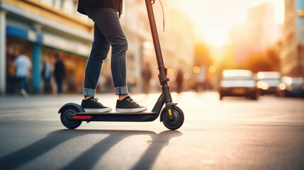 A person riding an electric scooter on a city sidewalk