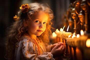 Obraz na płótnie Canvas Girl in a wreath holding a candle in a church