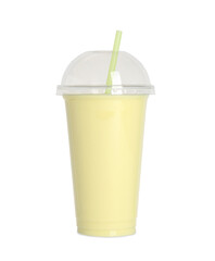 Plastic cup of tasty smoothie isolated on white