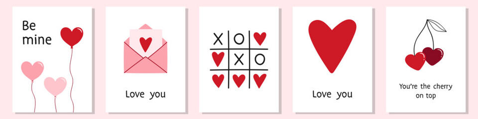 Valentine's day hand drawn greeting cards collection. Simple design with heart shaped balloons, envelope, tic-tac-toe love game, cherries.