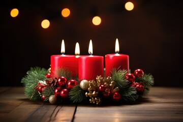 decorated Advent wreath from fir branches with red burning candles on a wooden table , festive bokeh in the warm dark background