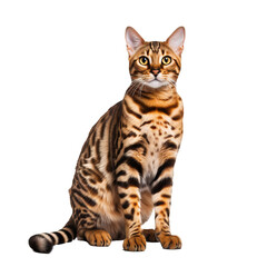A full-bodied Bengal cat poses elegantly, its spotted coat vivid and distinct, against a clear transparent background, showcasing its wild beauty.