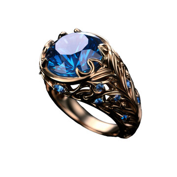 A stunning blue fantasy ring adorned with intricate decorations sparkles elegantly against a transparent backdrop.