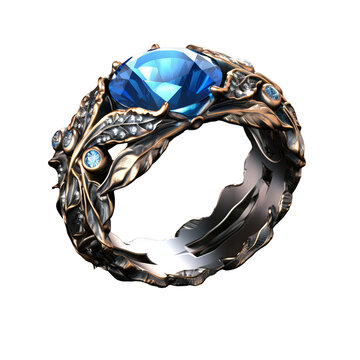 Blue fantasy ring, ornately decorated, glistens with elegance against a transparent backdrop, exuding an ethereal charm.