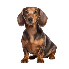 Dachshund with sleek brown fur, elongated body, and short legs stands alert, showcasing its full profile on a clear transparent background.