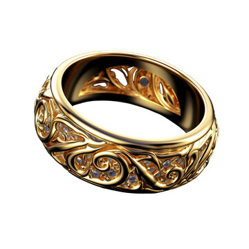 Golden fantasy ring, adorned with intricate designs, radiates beauty against a transparent backdrop.