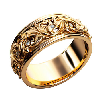 Golden fantasy ring, intricately decorated and beautiful, displayed elegantly against a transparent background.