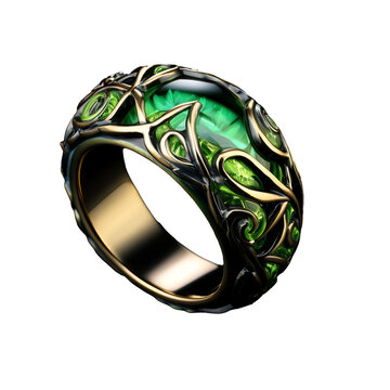 A beautifully decorated green fantasy ring sits elegantly on a transparent background, showcasing its intricate design and vibrant color.