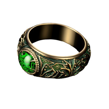 A stunning green fantasy ring, ornately decorated and beautifully presented against a transparent backdrop.