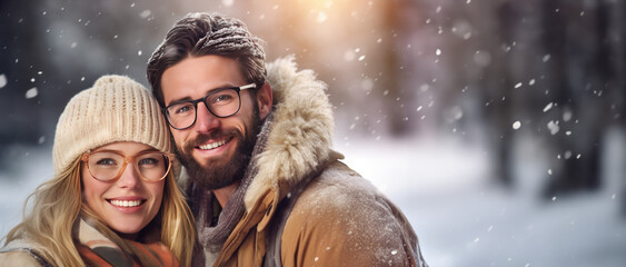 Winter Themed couple with room for copy space created with Generative AI technology - obrazy, fototapety, plakaty