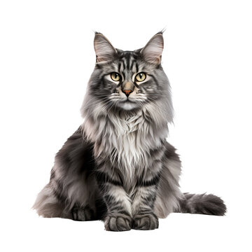 Maine Coon cat, full body view, with bushy tail and tufted ears, stands majestically on a transparent backdrop.