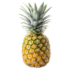 Fototapeta premium Whole pineapple with clearly visible texture and green crown, displayed on a transparent backdrop, showcasing fruit details.
