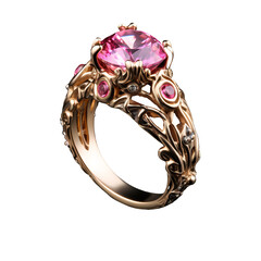 Beautiful pink fantasy ring adorned with intricate designs, showcased elegantly on a transparent background.