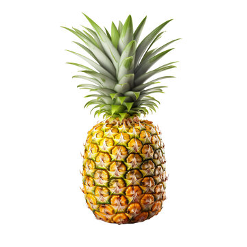 Vivid illustration of a full pineapple with textured skin and crown of leaves, showcased on a transparent backdrop.